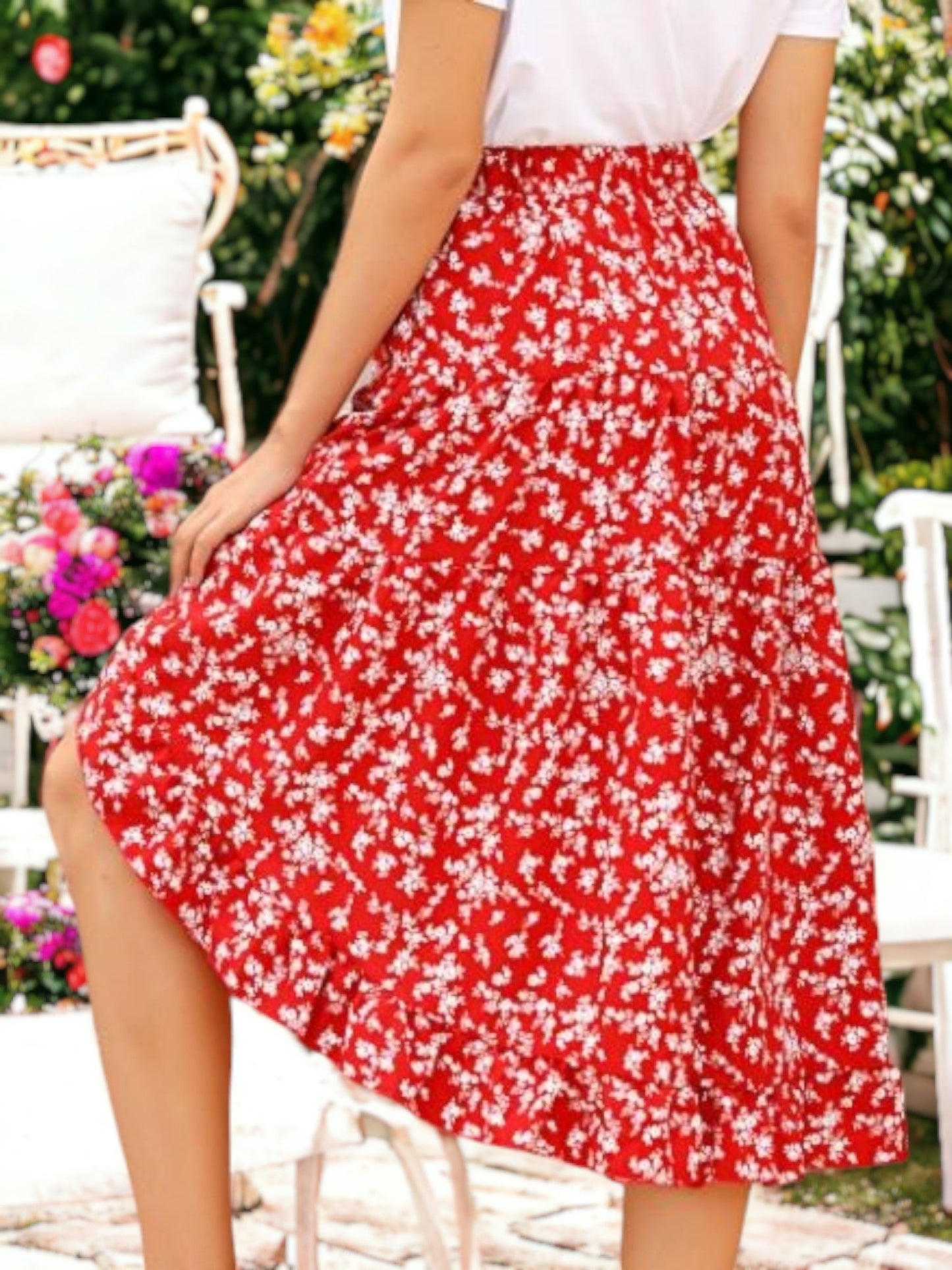 Floral Asymmetrical Hem Tiered Skirt