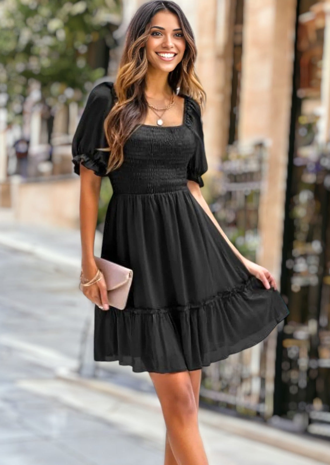 Square Neck Shirred Ruffle Hem Dress