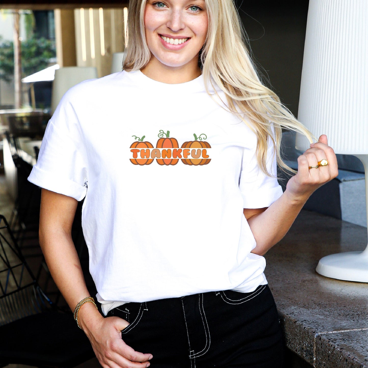 ''Thankful Pumpkins Trio" Tee: Gratitude in Every Stitch