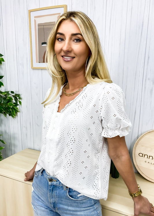 Pearl Button Front Eyelet Top