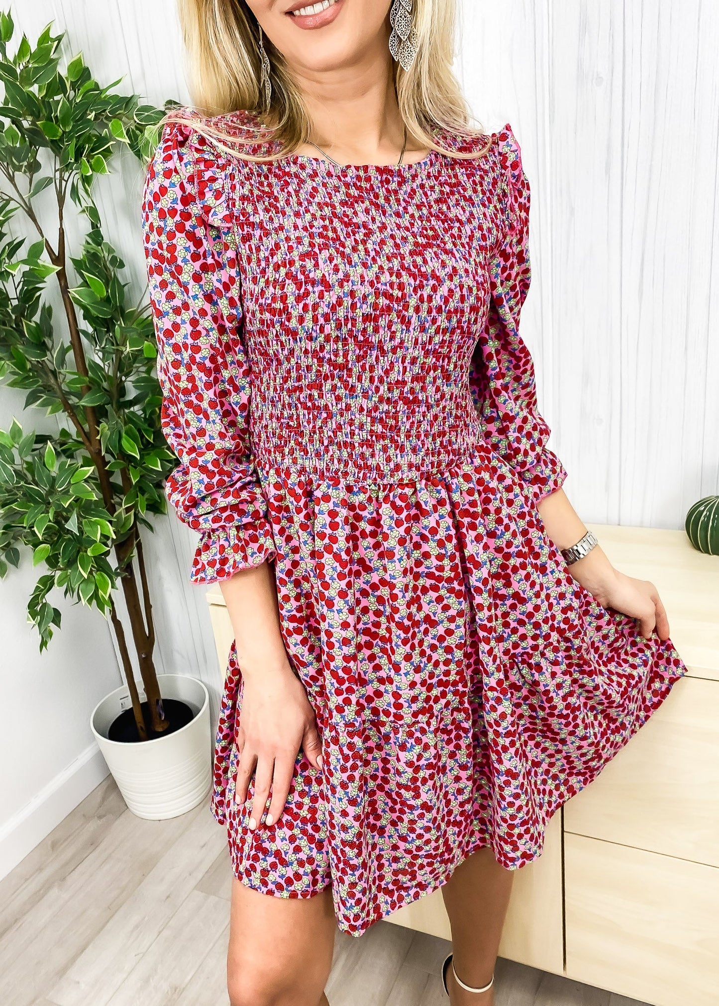 Smocked Chest Long Sleeve Floral Dress