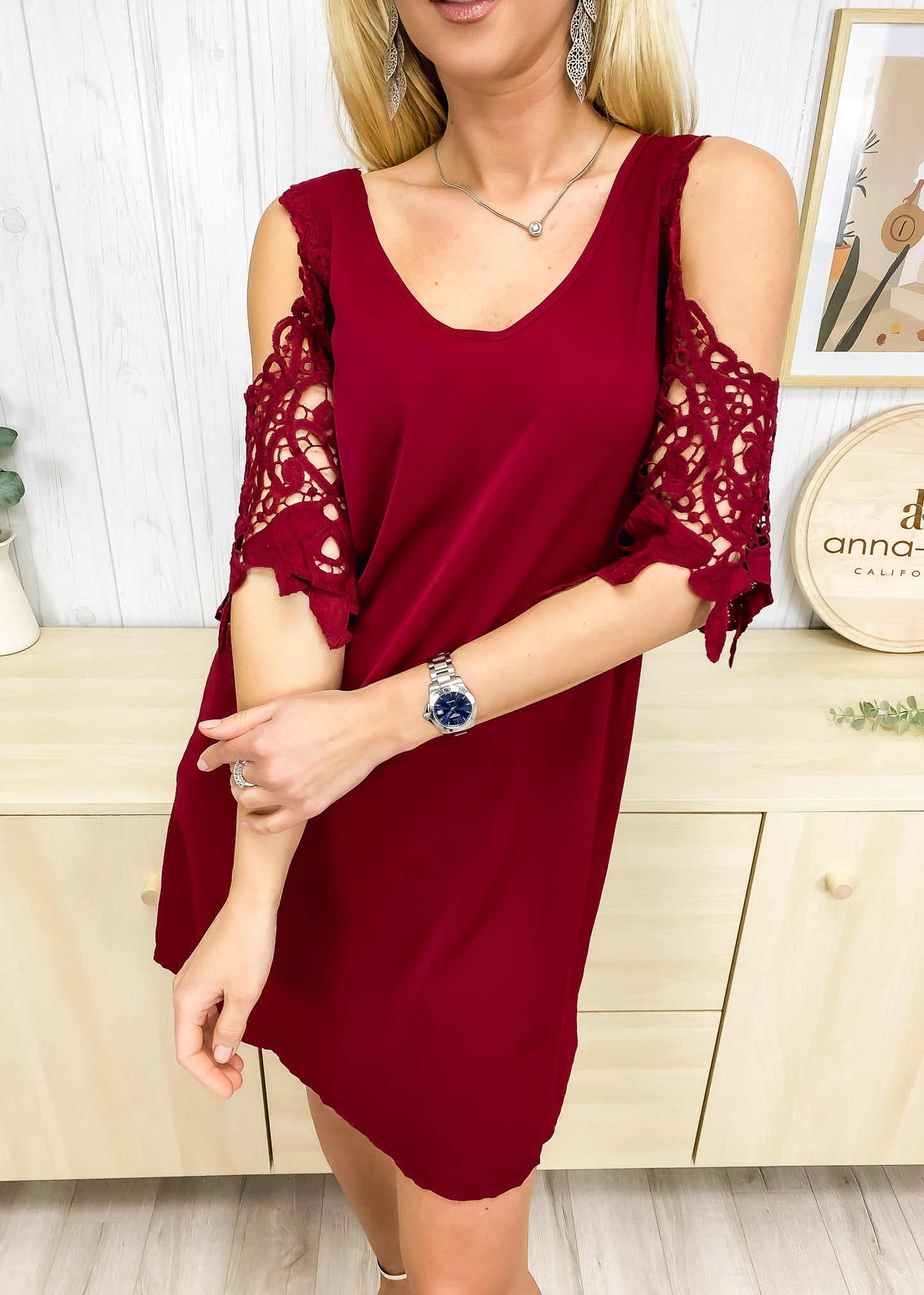 Shoulder Cutout Lace Sleeve Dress