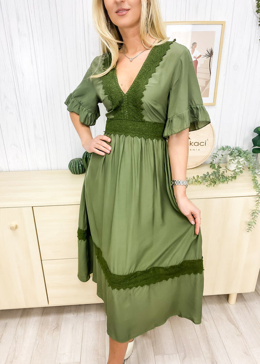 Solid Plunge Neck Lace Trim Dress