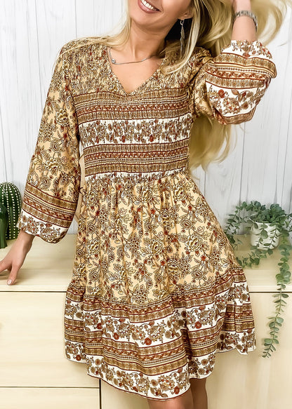 V Neck Bohemian Print Dress