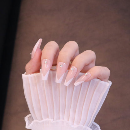 Long Square French Tip Press On Nails with Jewels