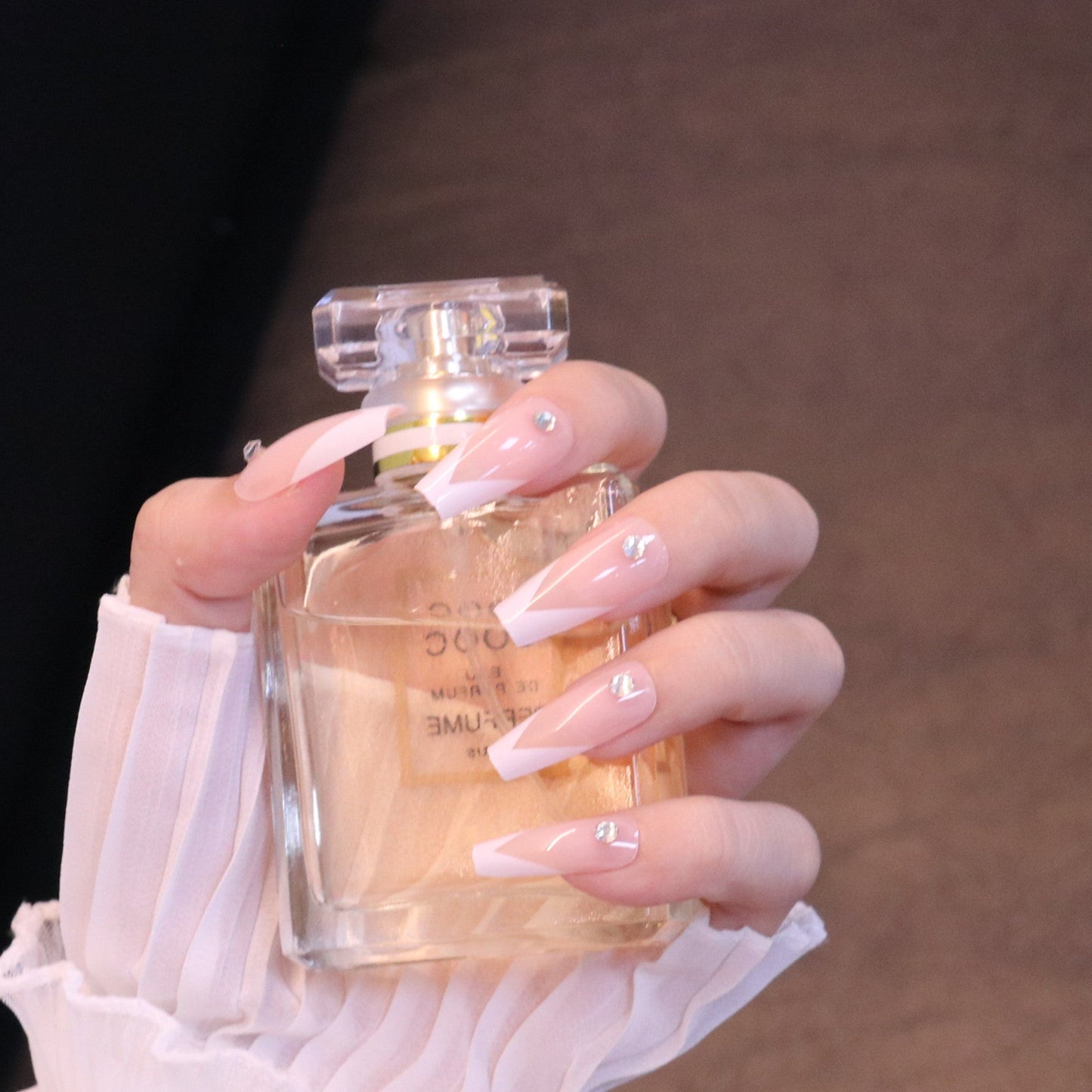 Long Square French Tip Press On Nails with Jewels