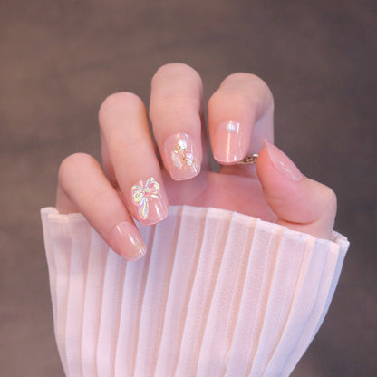 Short Squared Oval Light Pink Press On Nails with Iridescent Bow and Shell Flakes