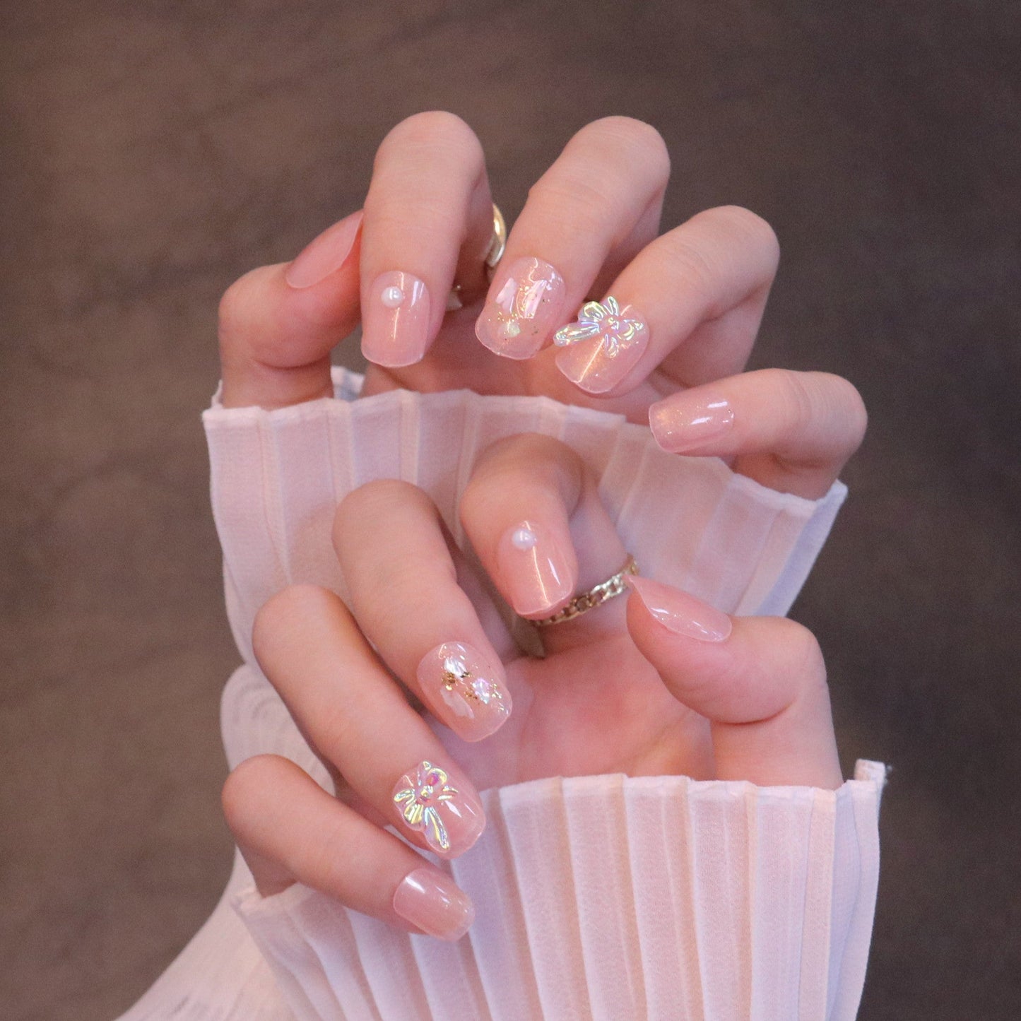 Short Squared Oval Light Pink Press On Nails with Iridescent Bow and Shell Flakes