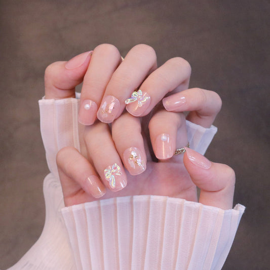 Short Squared Oval Light Pink Press On Nails with Iridescent Bow and Shell Flakes