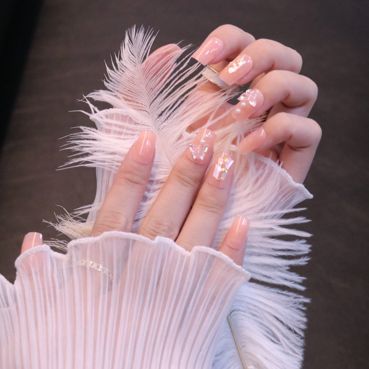 Medium Square Light Pink Press On Nails with Butterfly