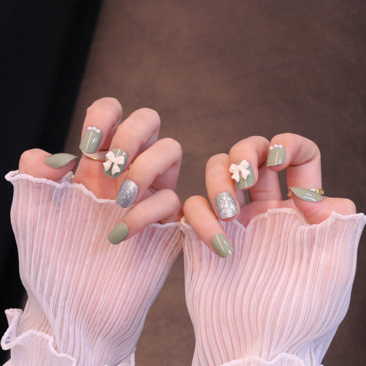 Short Square Oval Pastel Green Press On Nails with Bow