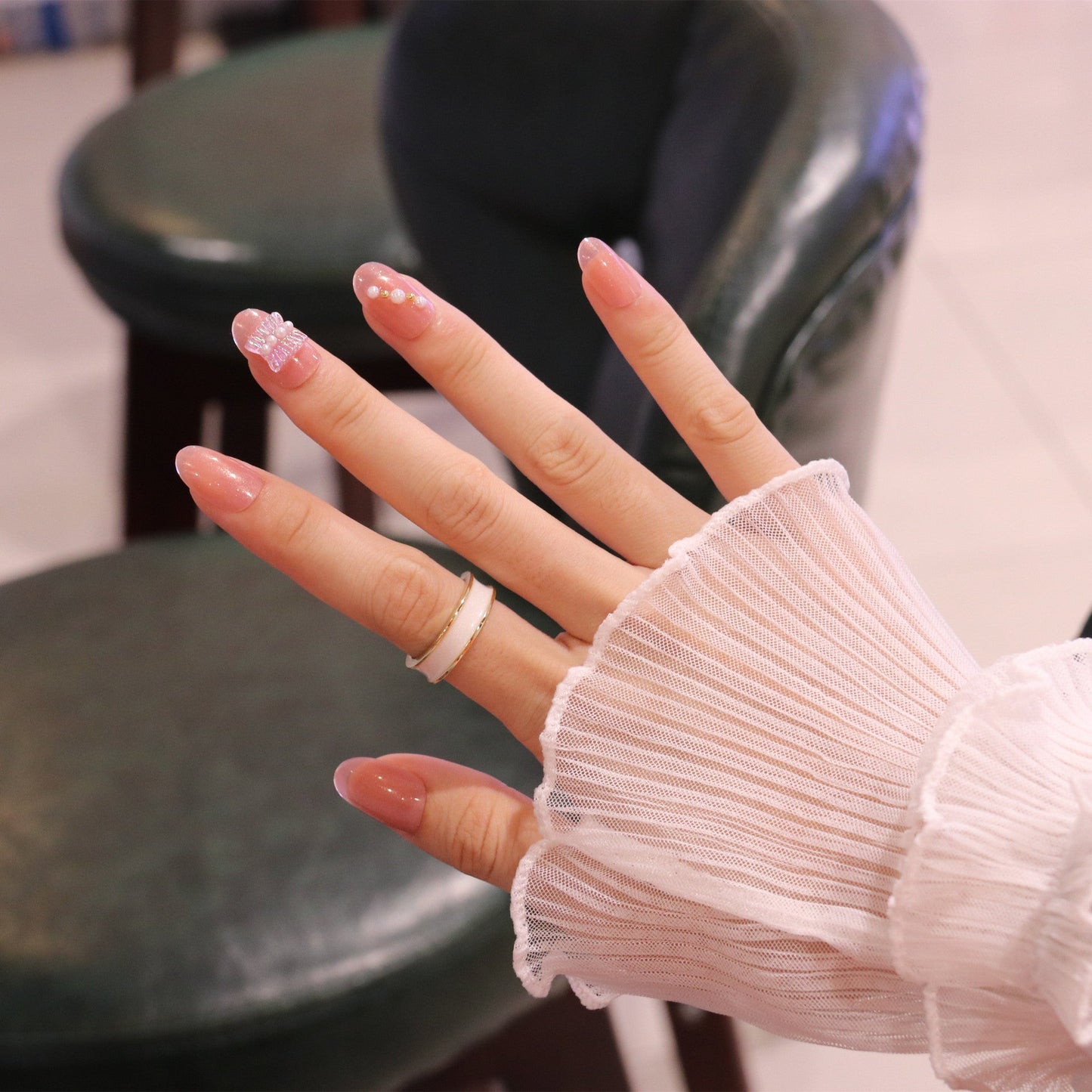 Medium Rounded Light Pink Press On Nails with Ruched Charm and Pearls