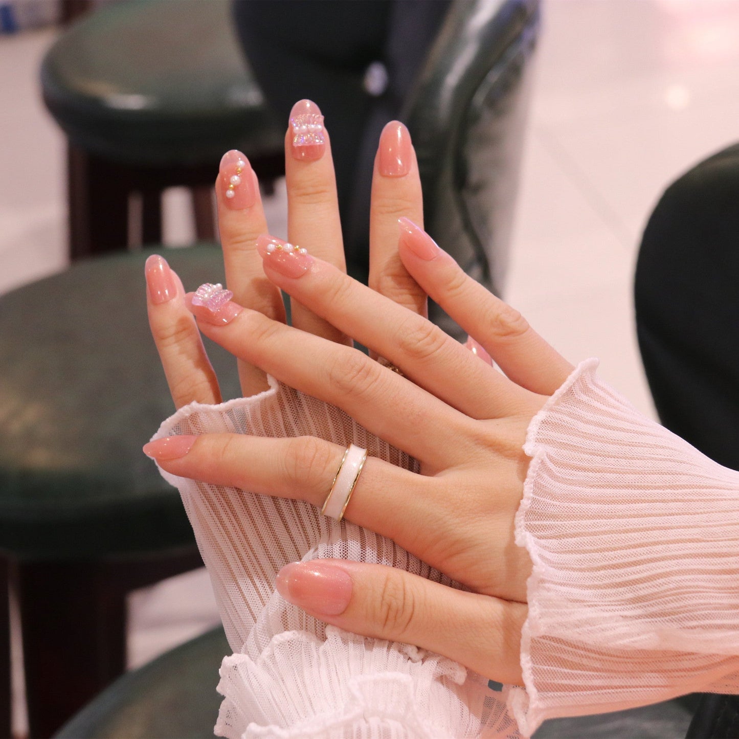 Medium Rounded Light Pink Press On Nails with Ruched Charm and Pearls