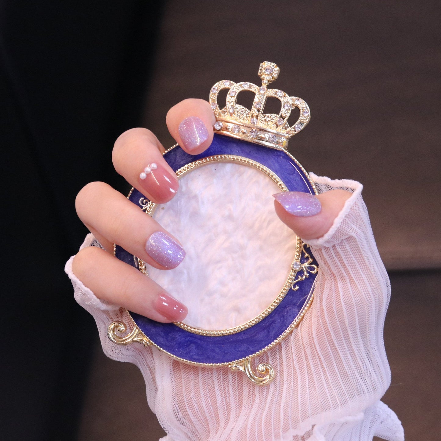 Short Square Oval Pink & Purple Press On Nails with Pearls