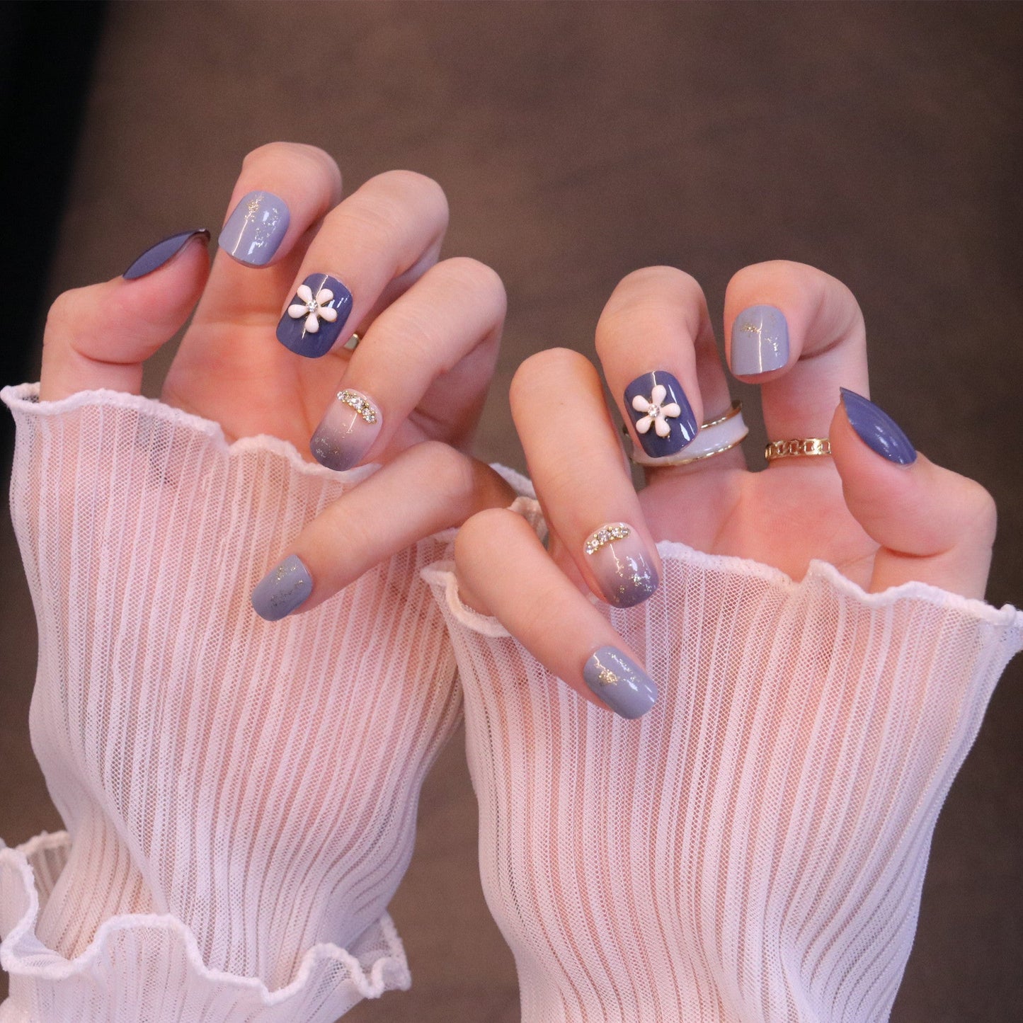 Short Squared Oval Purple Press On Nails with Flower Charm and Crystals