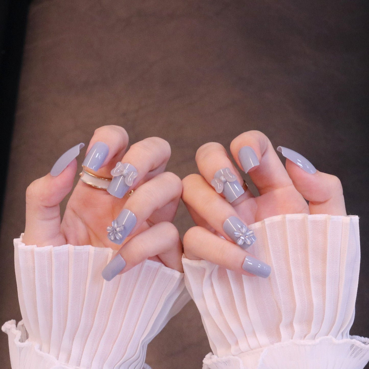 Medium Square Light Blue Press On Nails with Clear Bow and Flower