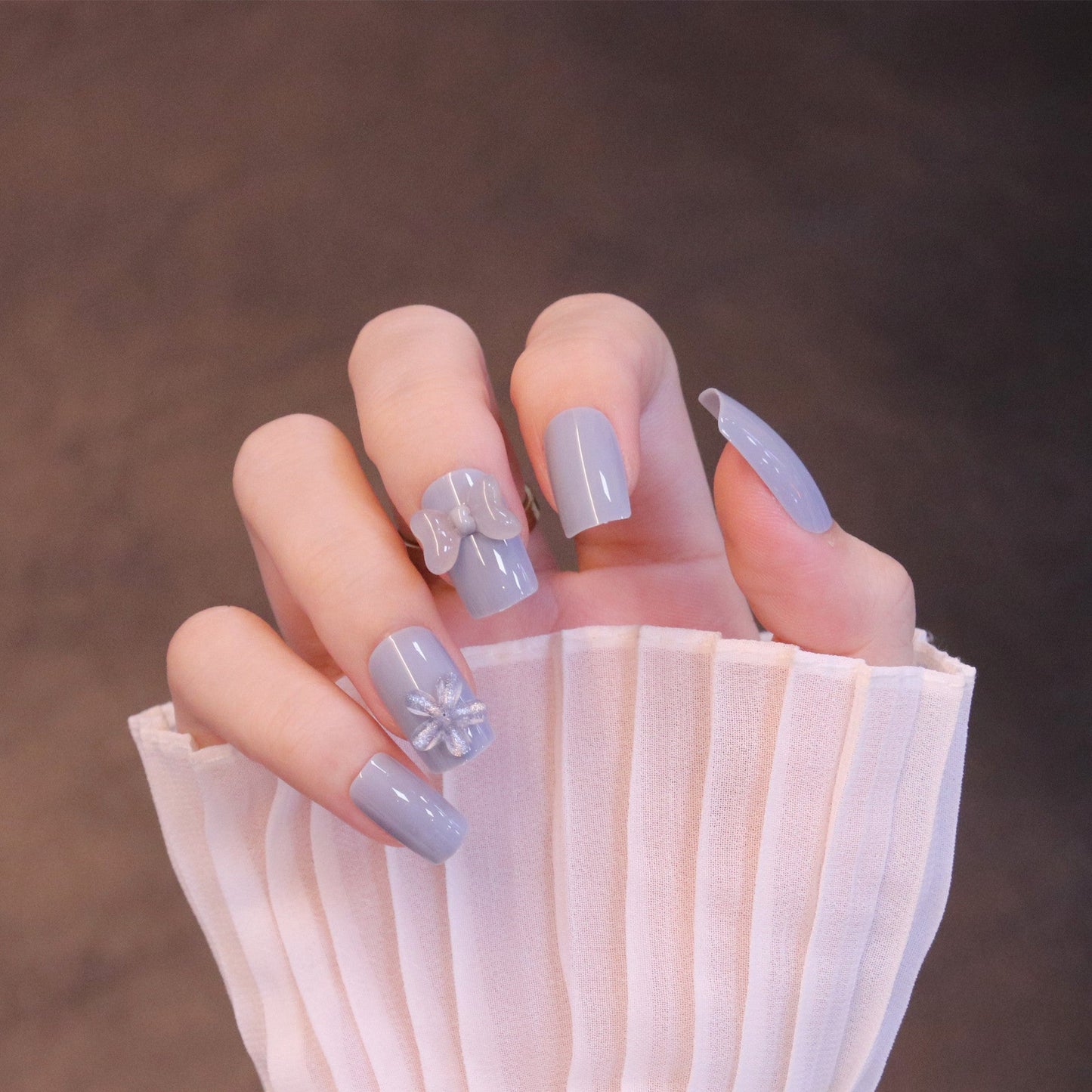 Medium Square Light Blue Press On Nails with Clear Bow and Flower