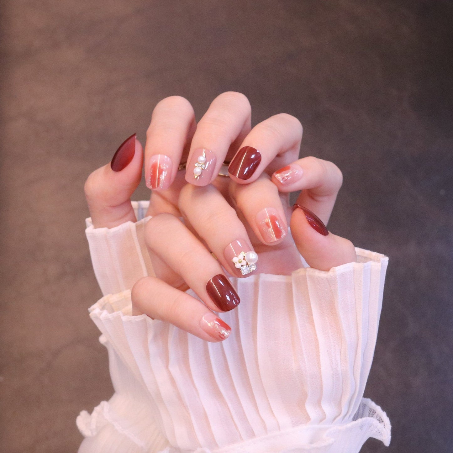 Short Squared Oval Red Press On Nails with Flower & Pearl Charms