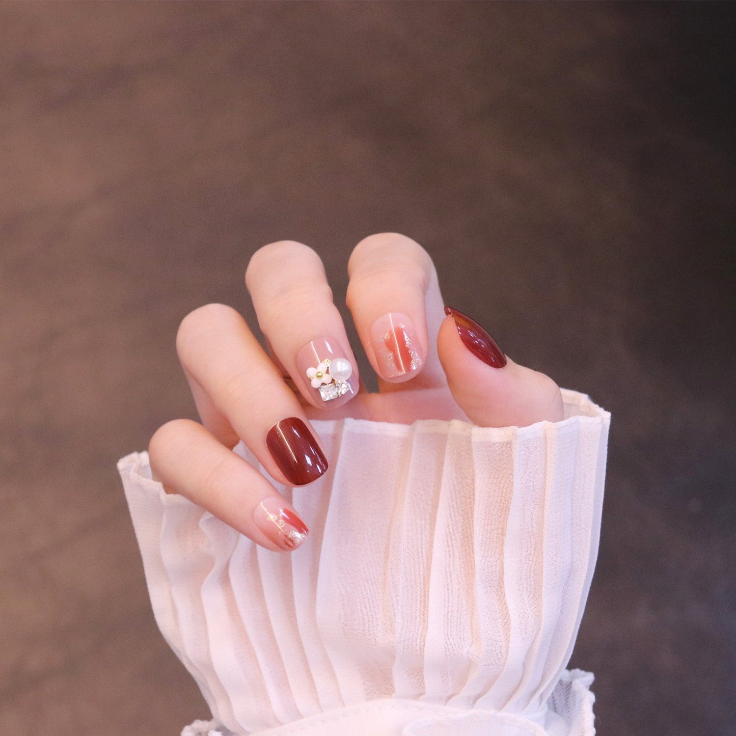 Short Squared Oval Red Press On Nails with Flower & Pearl Charms