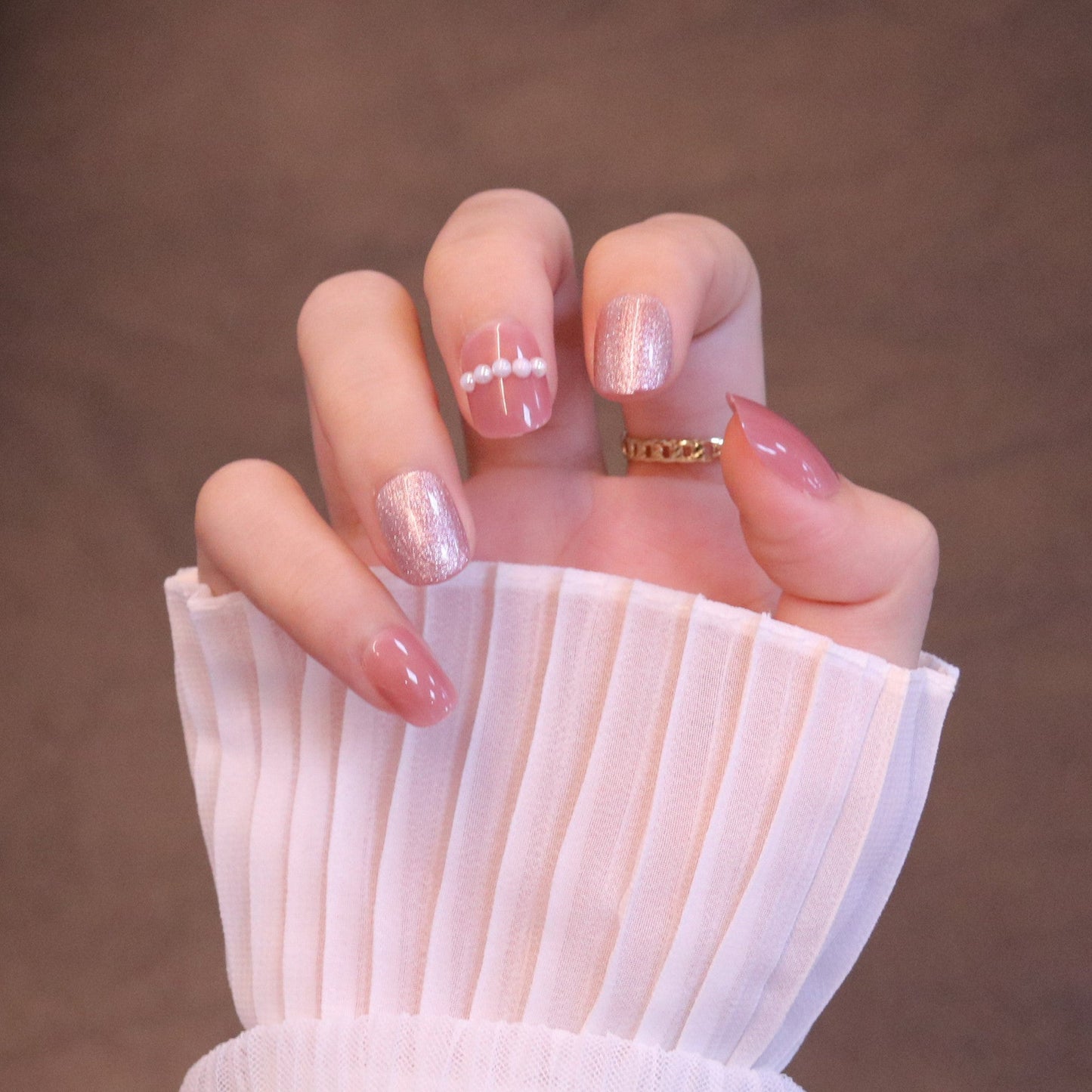 Short Squared Oval Light Pink Press On Nails with Pearl Beads