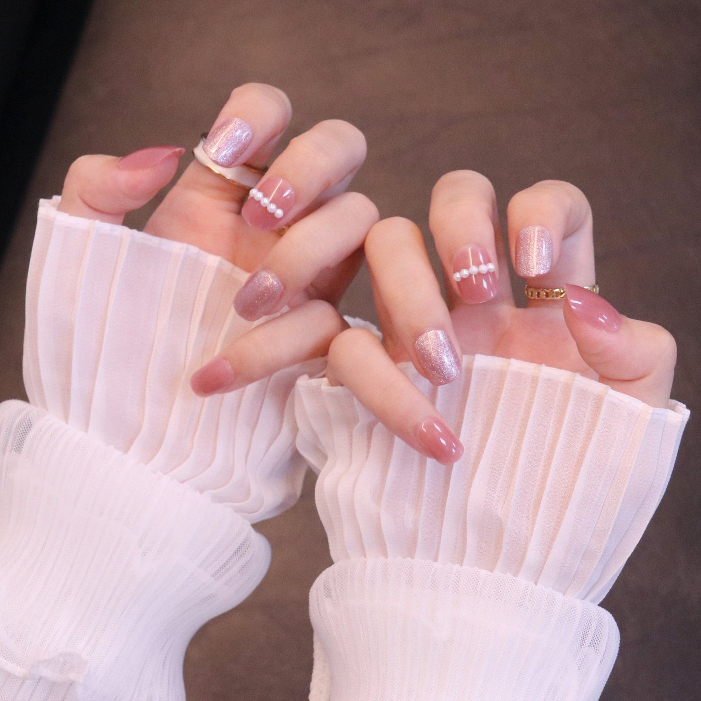 Short Squared Oval Light Pink Press On Nails with Pearl Beads