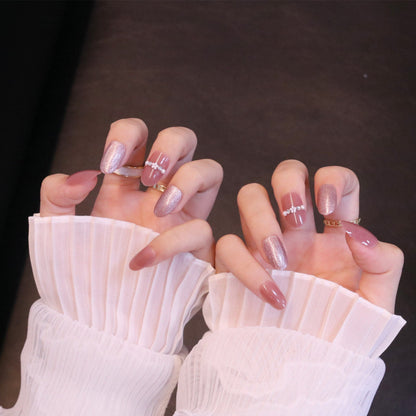 Medium Rounded Light Pink Press On Nails with Pearls and Crystals