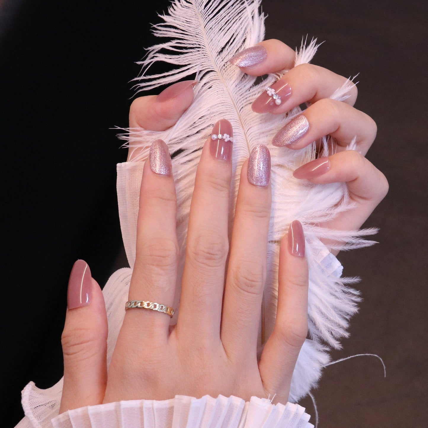 Medium Rounded Light Pink Press On Nails with Pearls and Crystals