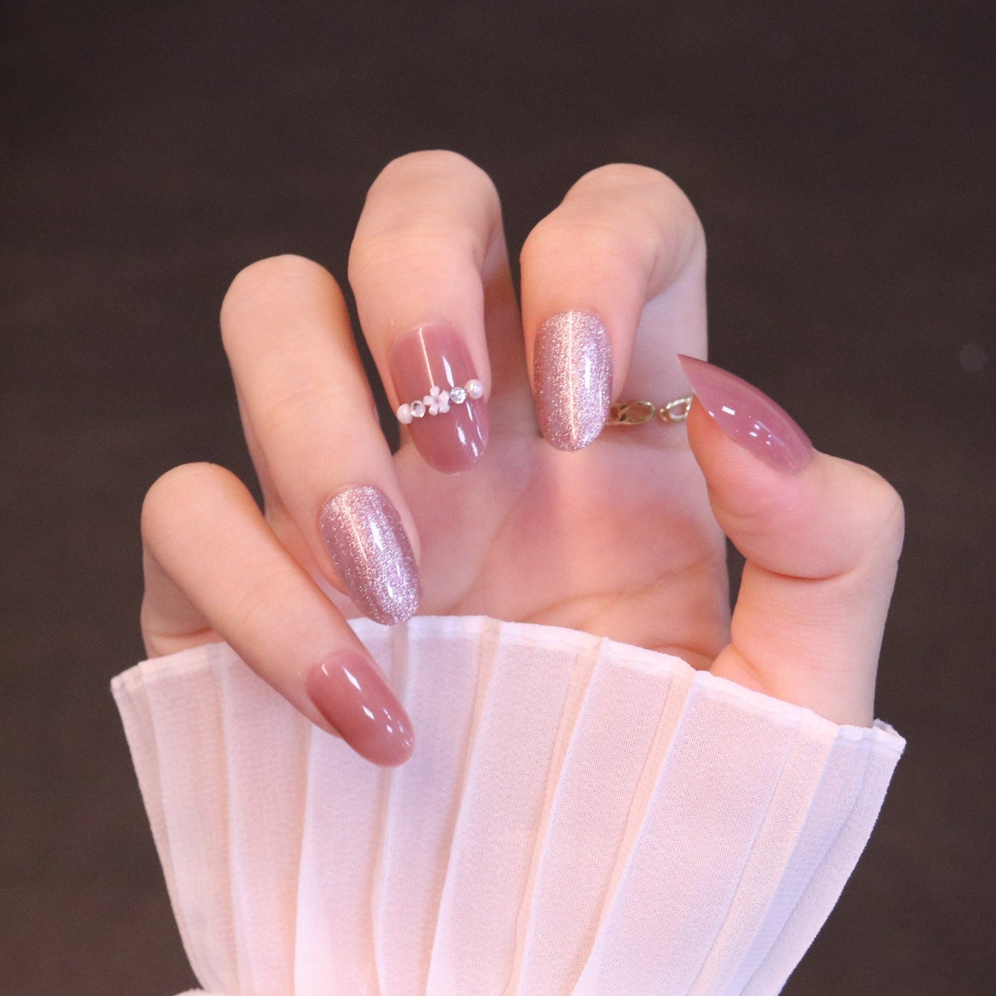 Medium Rounded Light Pink Press On Nails with Pearls and Crystals