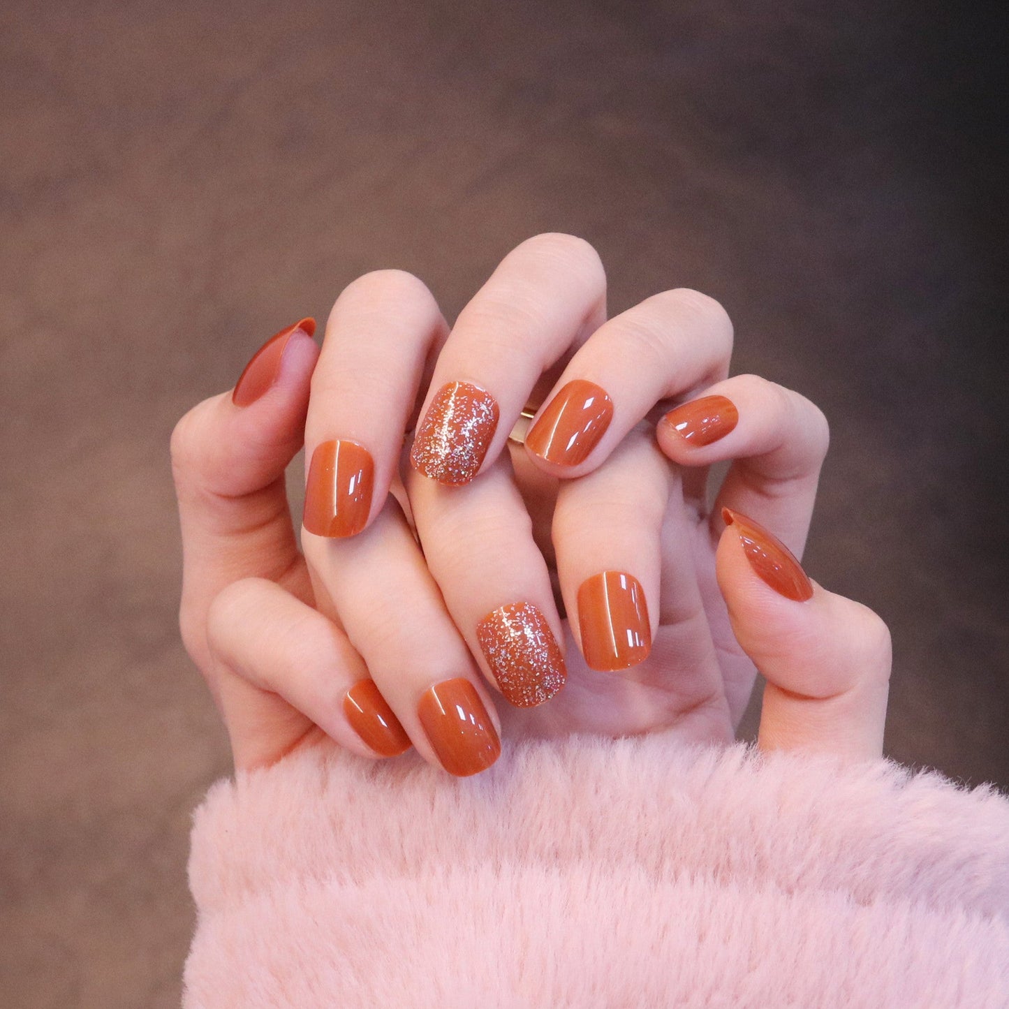 Short Squared Oval Orange Press On Nails with Glitter