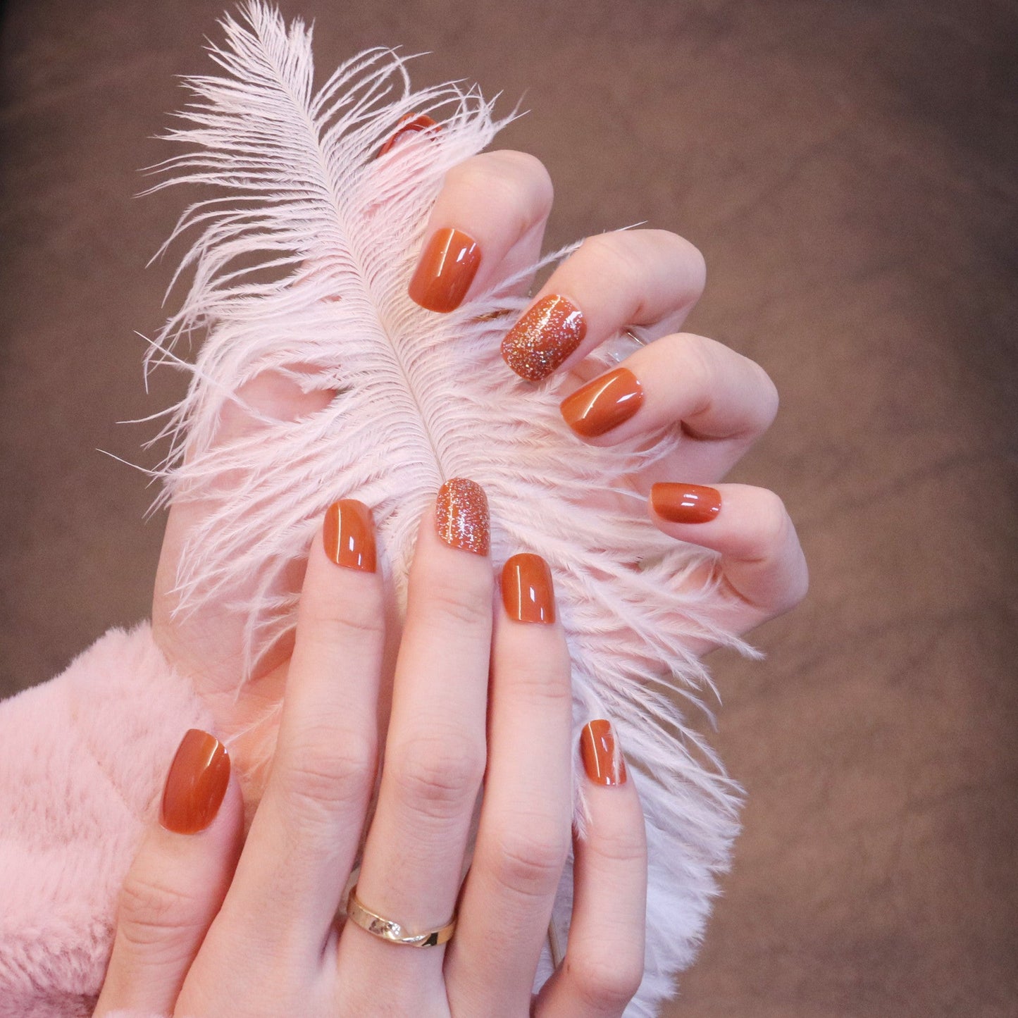 Short Squared Oval Orange Press On Nails with Glitter