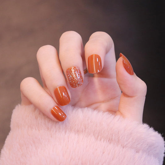 Short Squared Oval Orange Press On Nails with Glitter