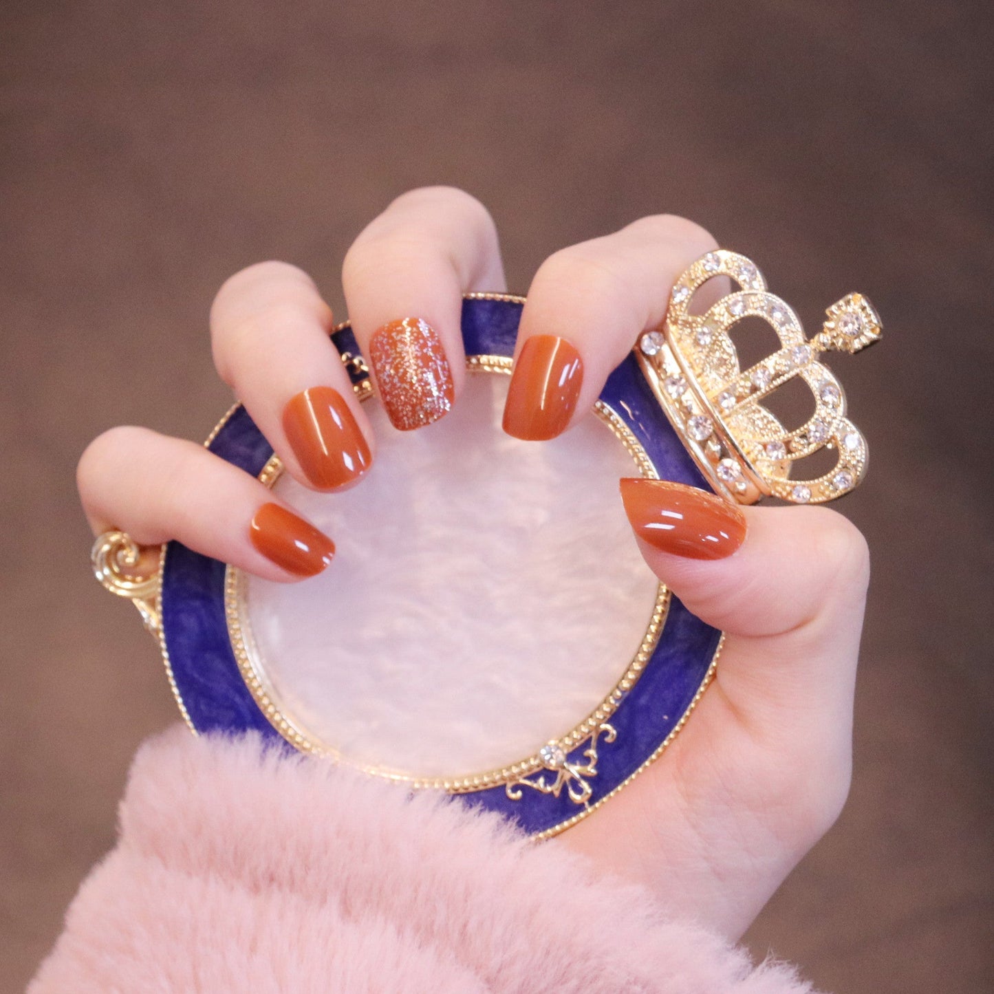 Short Squared Oval Orange Press On Nails with Glitter