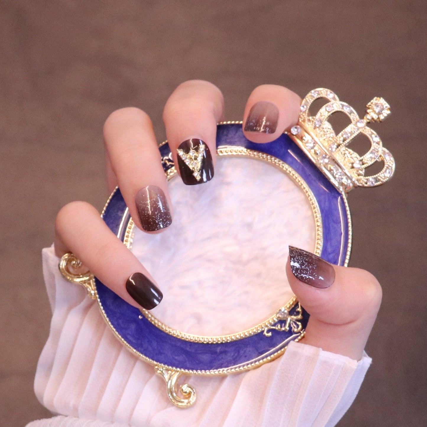 Short Squared Oval Burgundy Press On Nails with Crown Charm