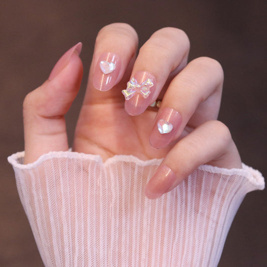 Medium Rounded Light Pink Press On Nails with Iridescent Bow and Heart