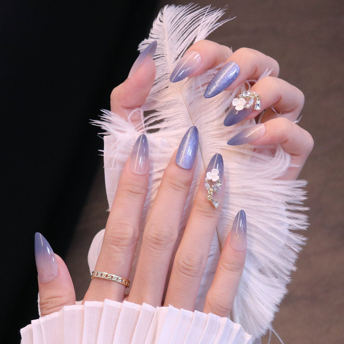 Long Almond Periwinkle Blue Press On Nails with Flower and Crystal Charms