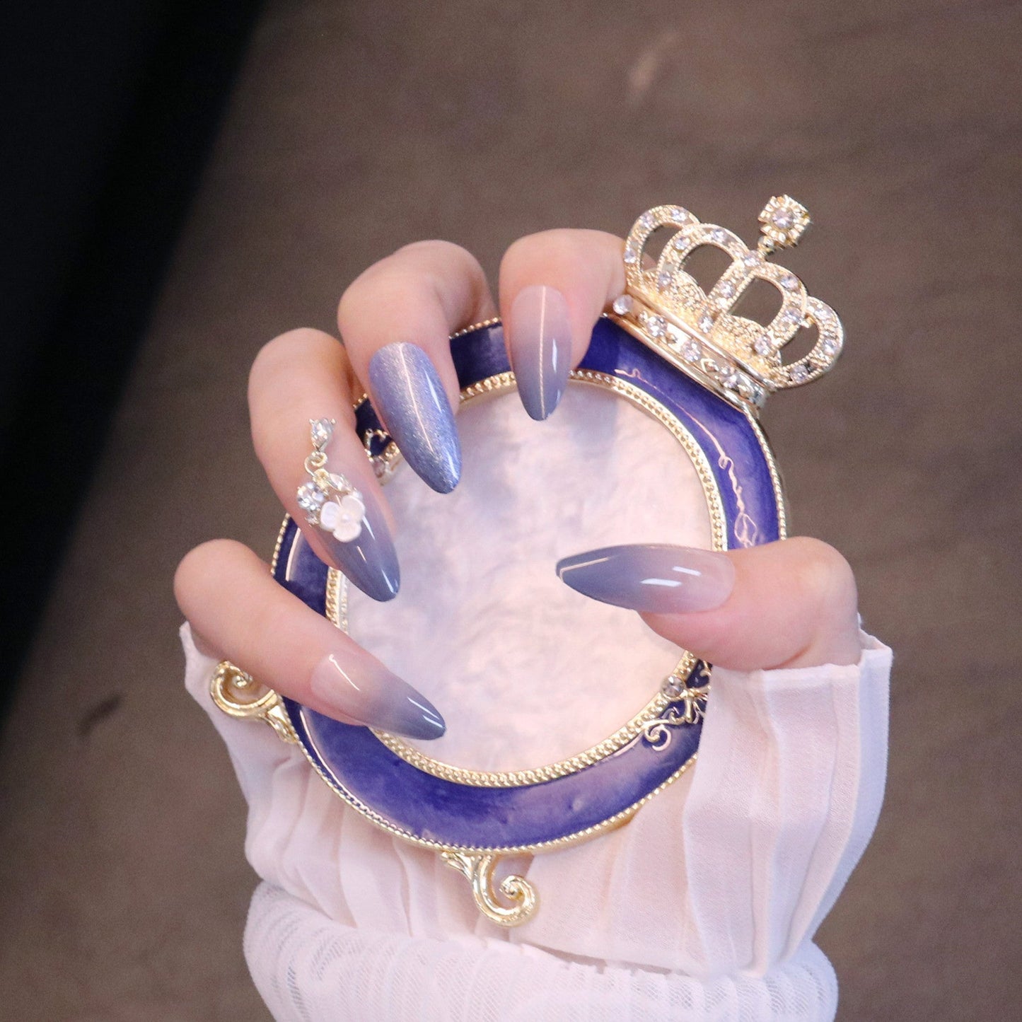 Long Almond Periwinkle Blue Press On Nails with Flower and Crystal Charms