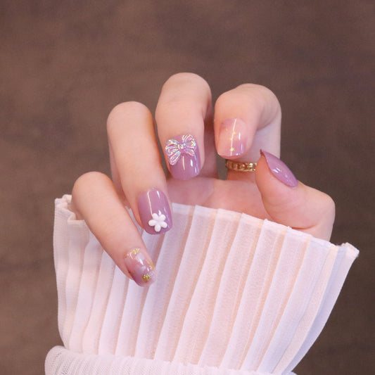 Short Squared Oval Light Purple Press On Nails with Flower & Iridescent Bow
