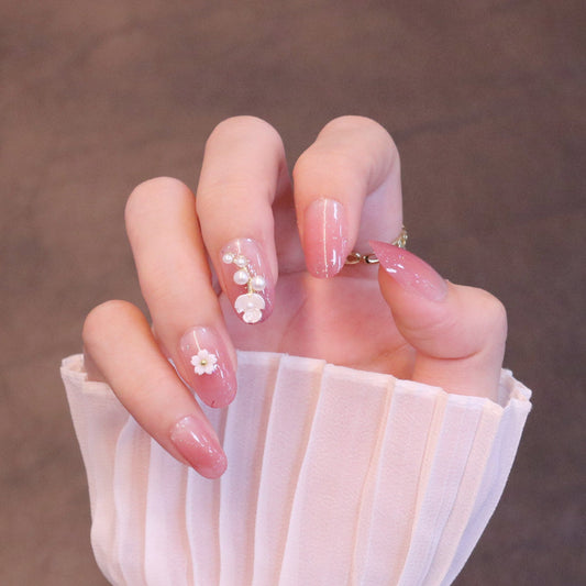 Medium Rounded Baby Pink Press On Nails with Flower and Pearl Charms