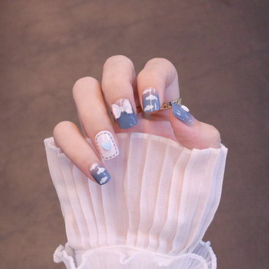 Medium Squared Blue Press On Nails with Bow Charms and Clouds