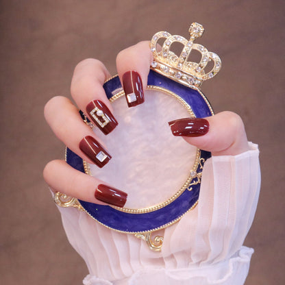 Medium Square Bold Red Press On Nails with Rectangle Charms