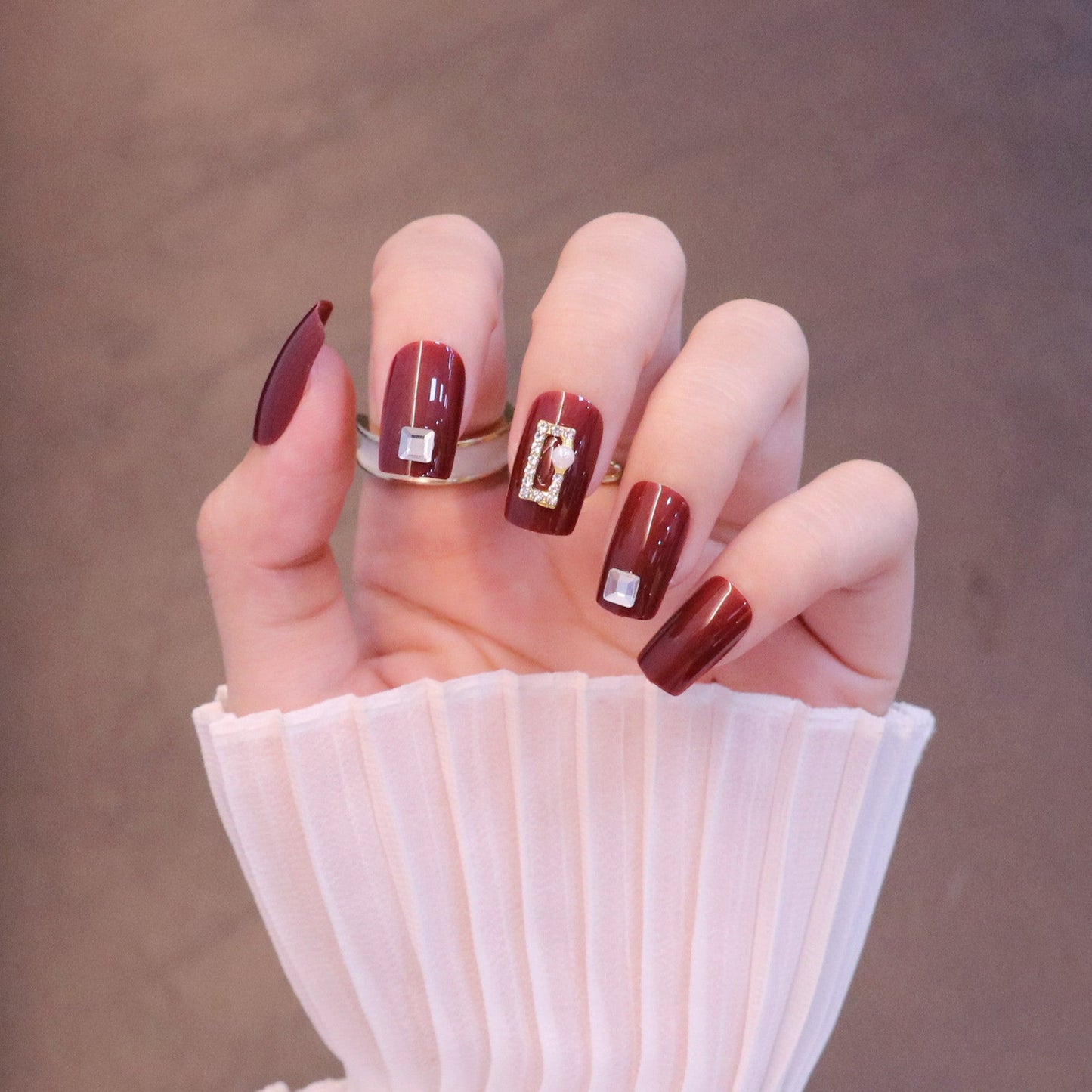 Medium Square Bold Red Press On Nails with Rectangle Charms