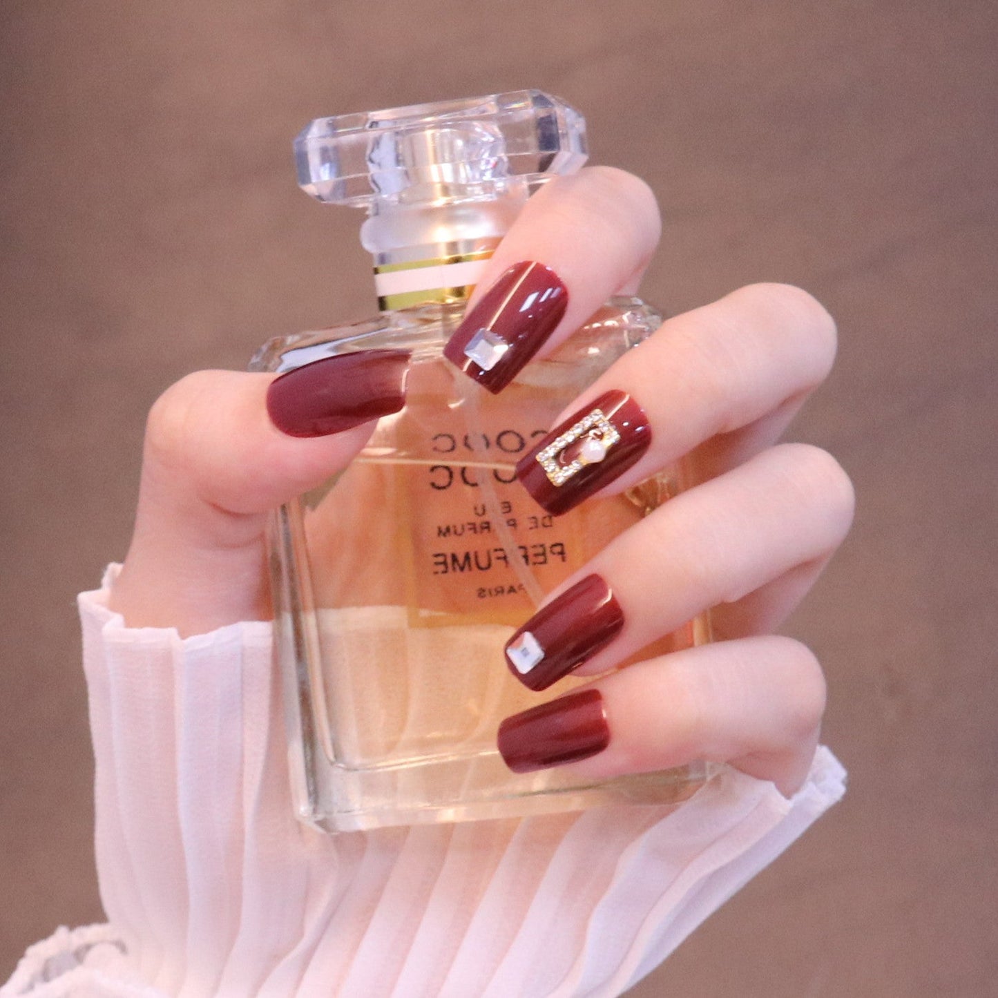 Medium Square Bold Red Press On Nails with Rectangle Charms