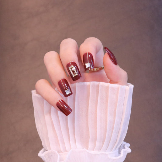 Medium Square Bold Red Press On Nails with Rectangle Charms