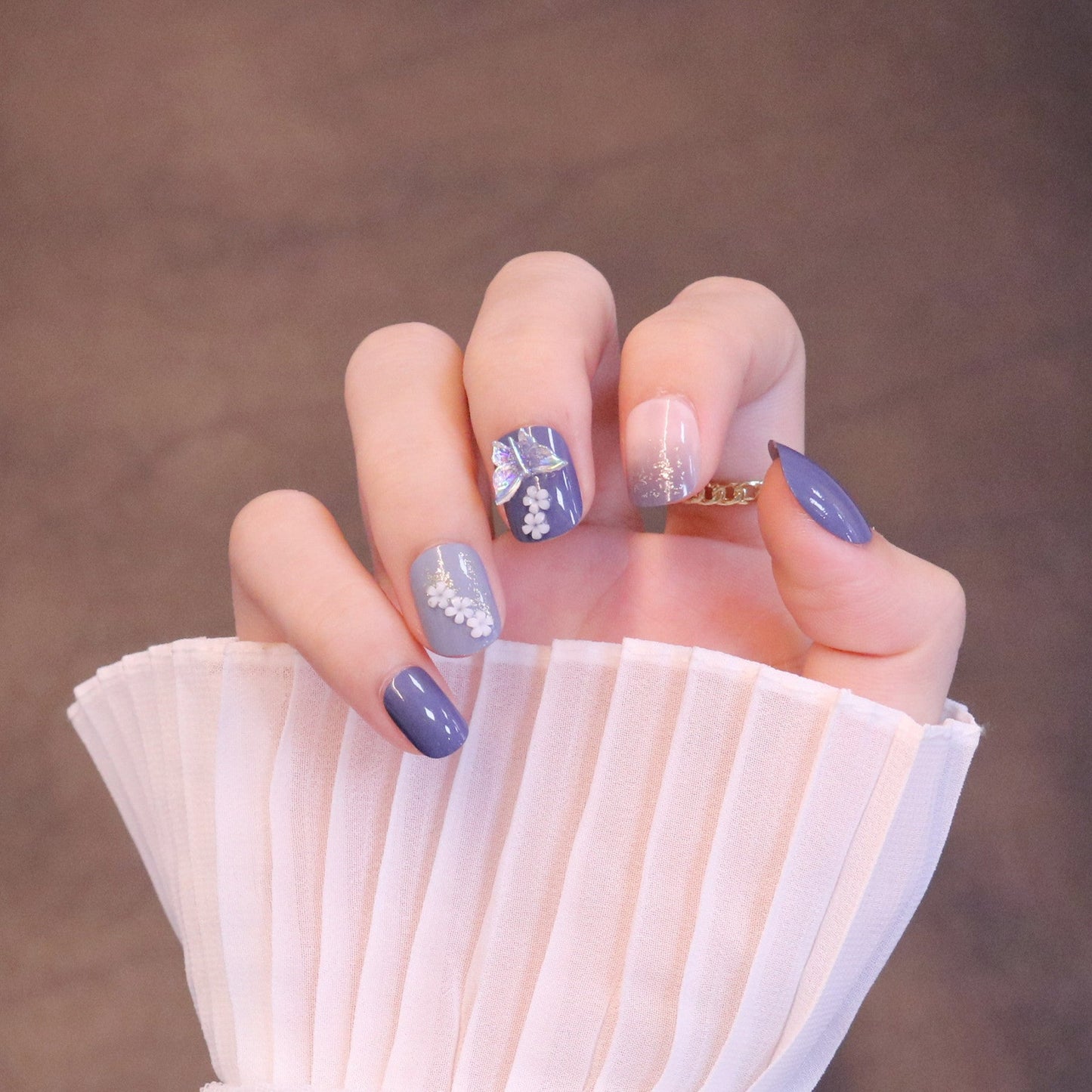 Short Squared Oval Purple Press On Nails with Iridescent Butterfly and Flowers