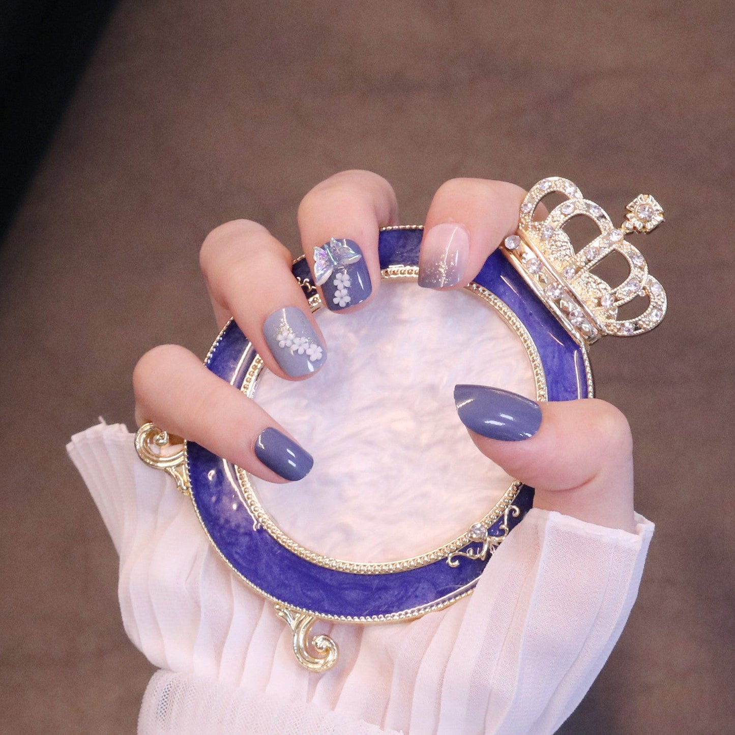 Short Squared Oval Purple Press On Nails with Iridescent Butterfly and Flowers