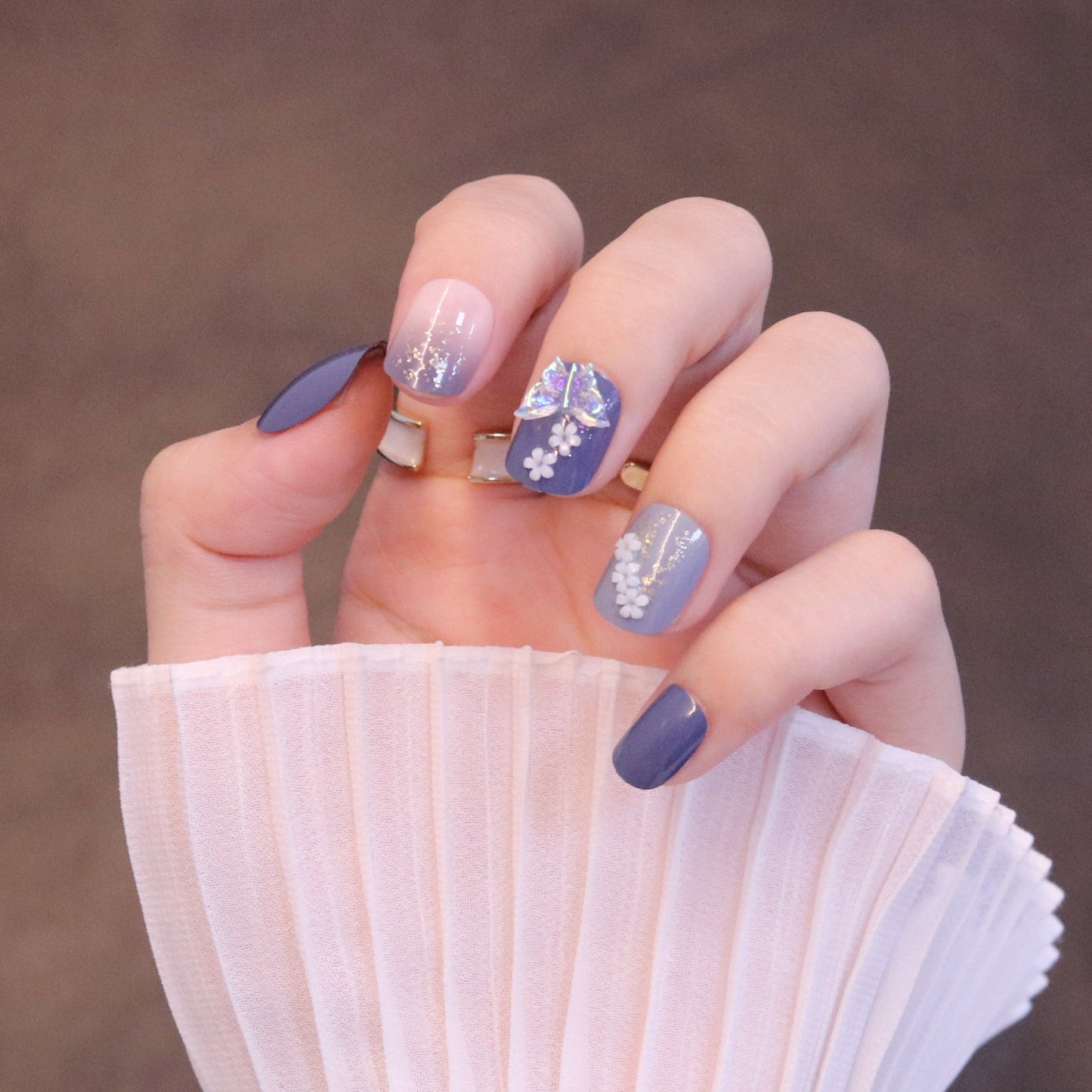 Short Squared Oval Purple Press On Nails with Iridescent Butterfly and Flowers