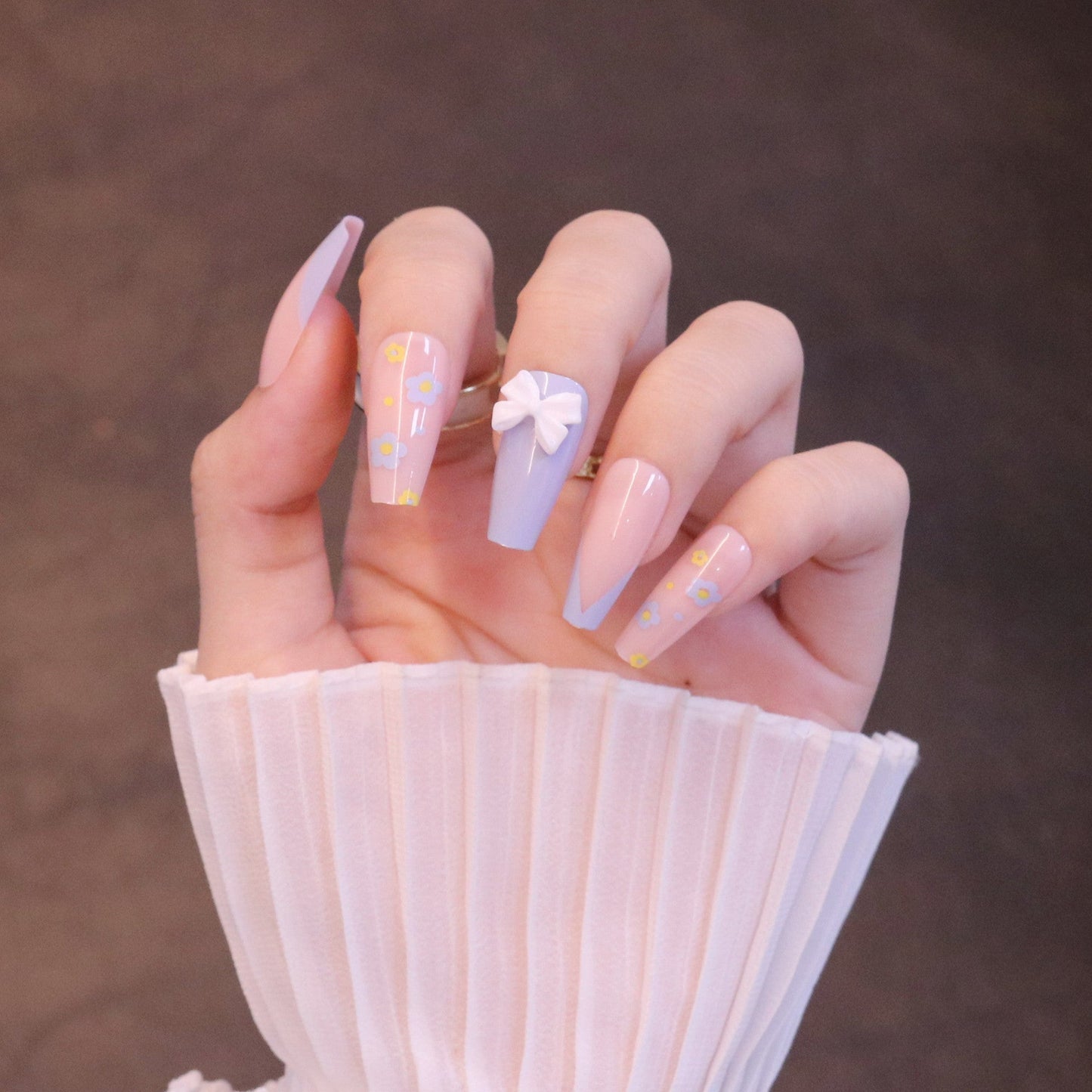 Long Square Pink and Purple Press On Nails with Bow