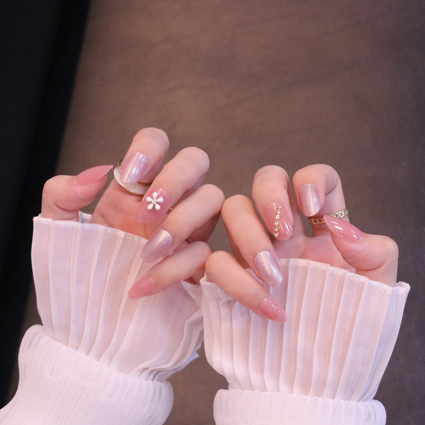 Medium Rounded Light Pink Press On Nails with Flower and Crystal Charms