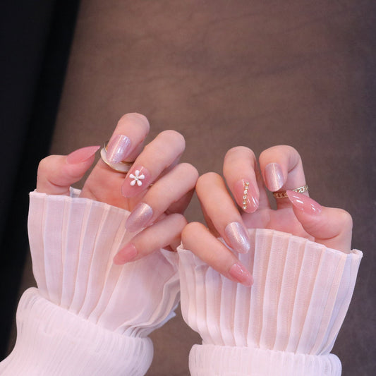 Medium Rounded Light Pink Press On Nails with Flower and Crystal Charms