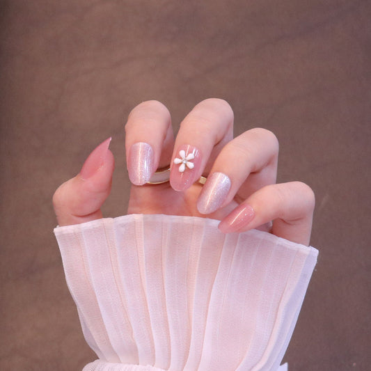 Medium Rounded Light Pink Press On Nails with Flower and Crystal Charms